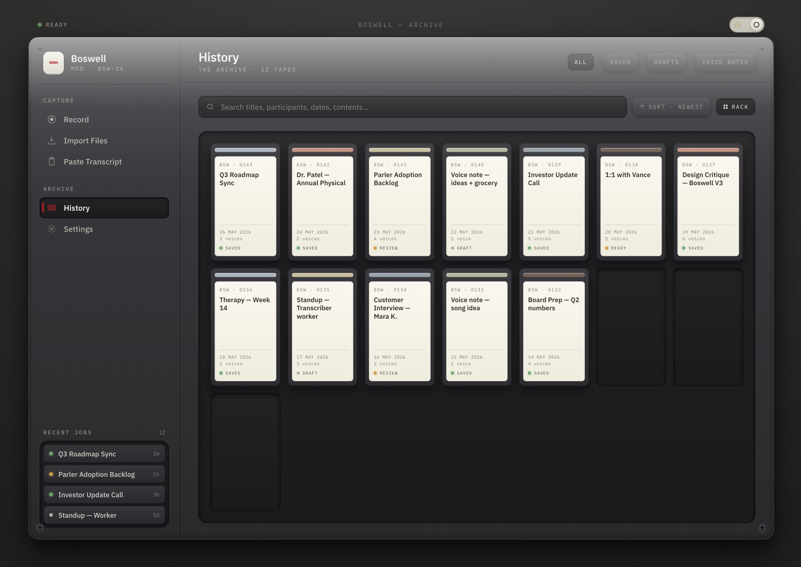 Boswell's History screen showing a searchable rack of saved, draft, review, and ready transcript cards.