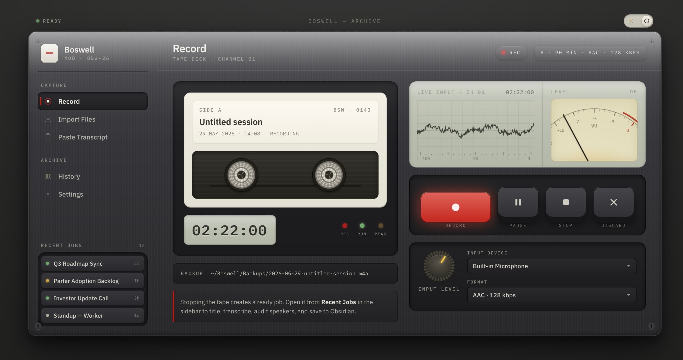 Boswell's Record screen showing the tape-deck recorder, live input graph, VU meter, transport controls, capture settings, and recent jobs.