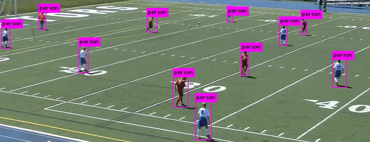 Soccer field with each player boxed and labelled by the detector.