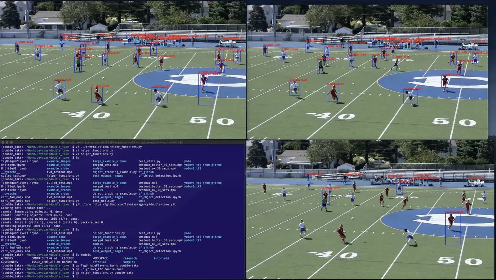 Four-panel view: tracked players carry persistent ID boxes beside the processing terminal.