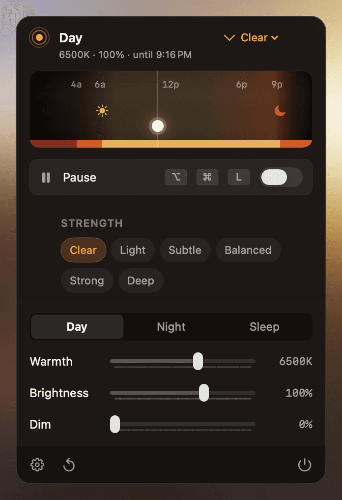 Luma's macOS menu-bar panel showing the day-to-night arc, strength presets, and warmth, brightness, and dim sliders.