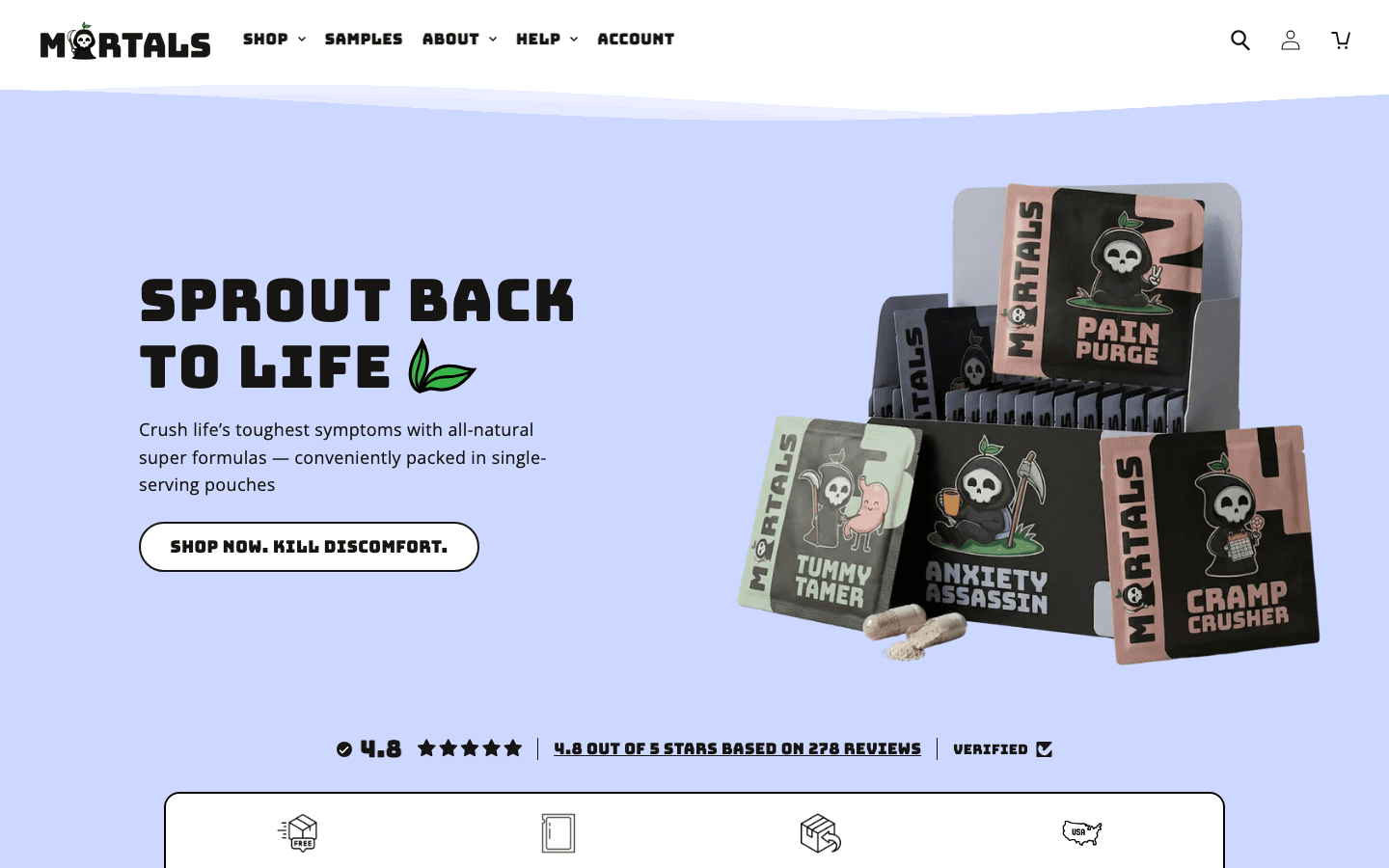 Mortals storefront homepage captured inside a browser frame