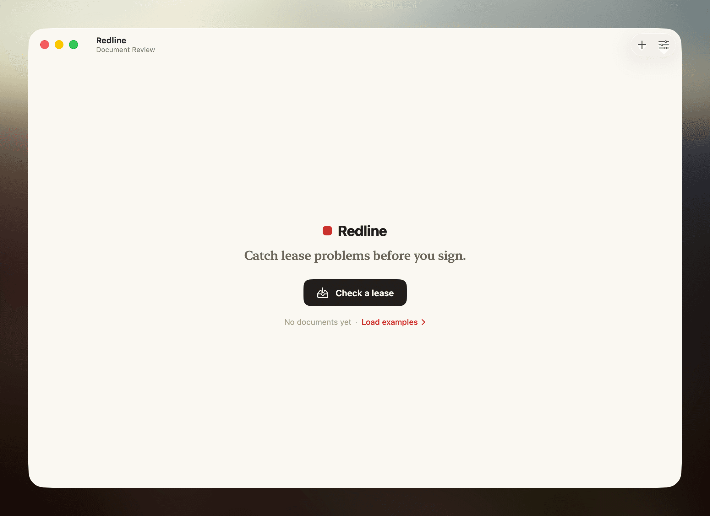 Redline's start screen: the app icon over the line 'Catch lease problems before you sign,' with a 'Check a lease' button.