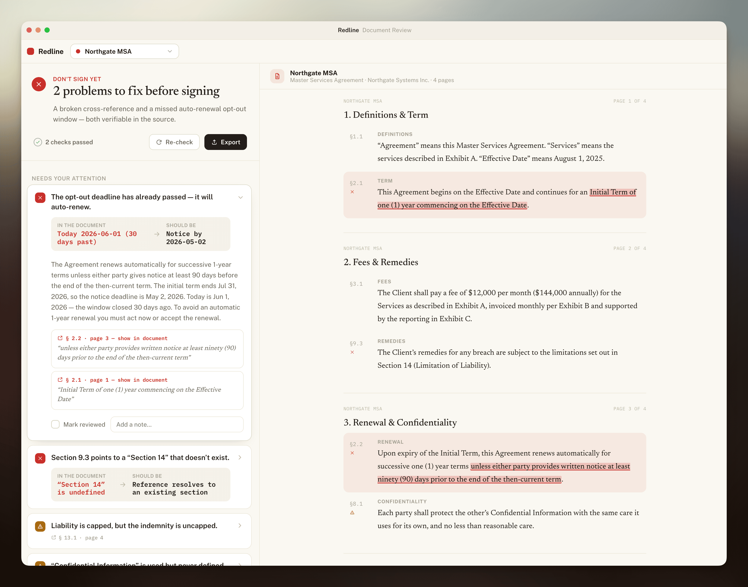 Redline reviewing a Master Services Agreement: a 'don't sign yet' verdict lists two problems (an auto-renewal opt-out window that already passed, and a cross-reference to a section that does not exist), each linked to the exact clause on the page.
