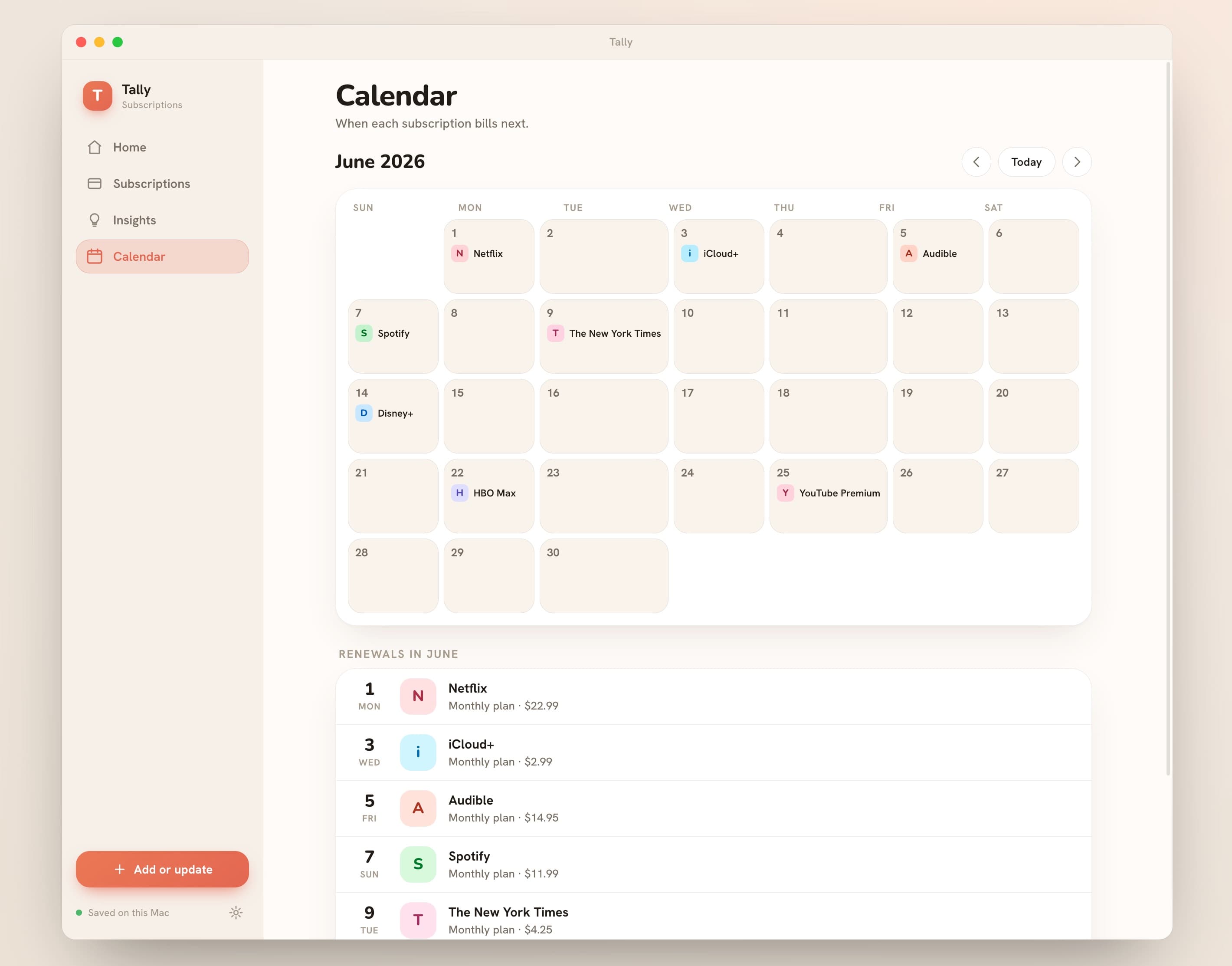 Tally's Calendar screen: a June 2026 month grid with each subscription renewal placed on the day it bills, plus a chronological renewals list below.