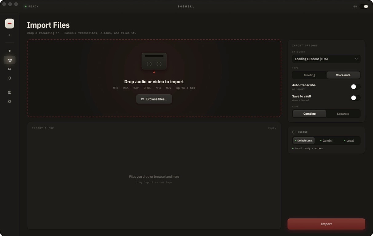 Boswell's current Import Files screen with a drop zone, category, tape type, and processing options.