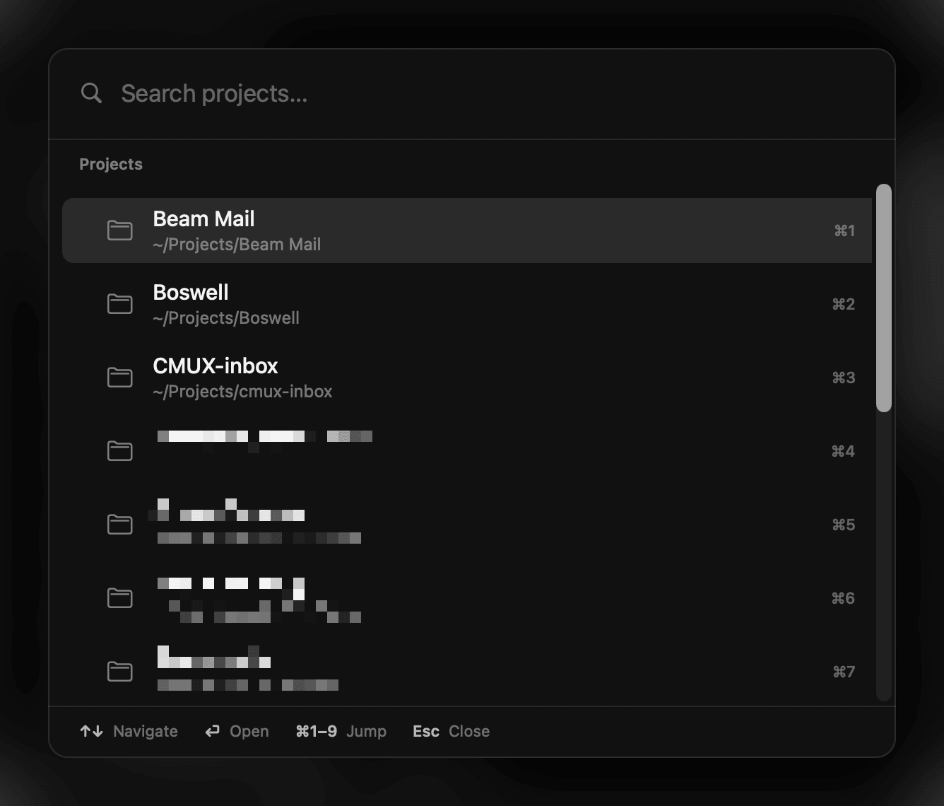 The current cmux project launcher with saved project folders, number shortcuts, search, keyboard navigation, and open controls.