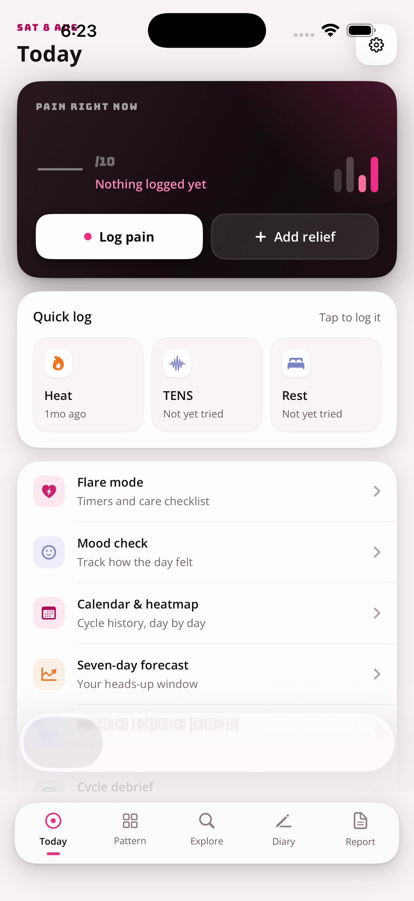 Cramp Crusher's Today screen with a pain check-in, quick-log actions, and links to cycle, pattern, and report features.