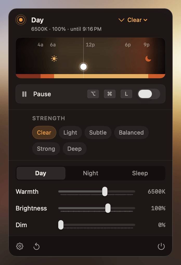 Luma's macOS menu-bar panel showing the day-to-night arc, strength presets, and warmth, brightness, and dim sliders.