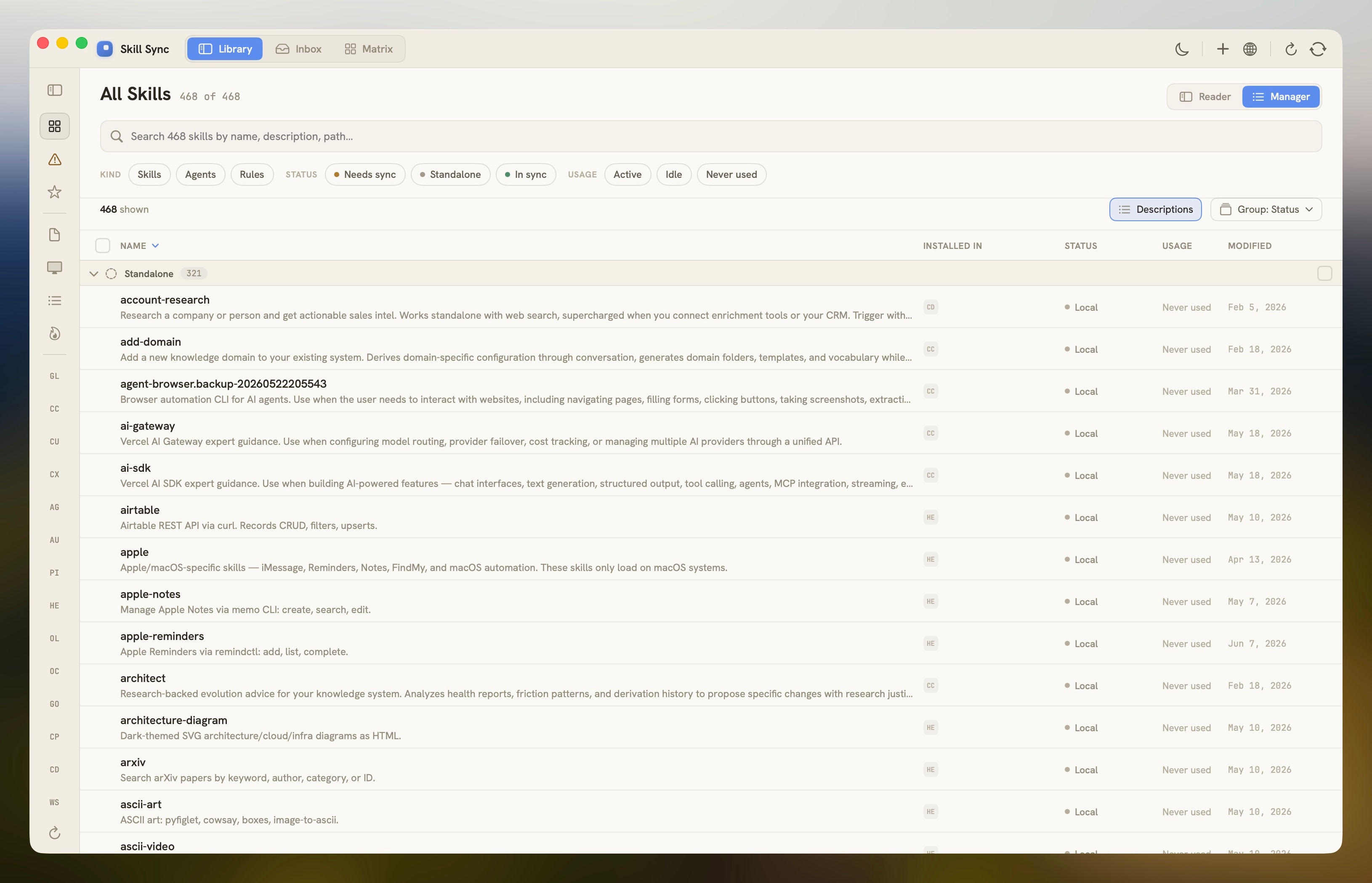 Skill Sync's light Manager view showing search, filters for status and usage, and a grouped table of standalone skills.