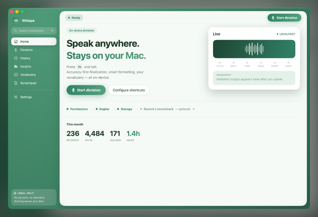 Whispa's Home view with the headline 'Speak anywhere. Stays on your Mac.', a live transcription preview card, monthly stats, and a local-only footer.