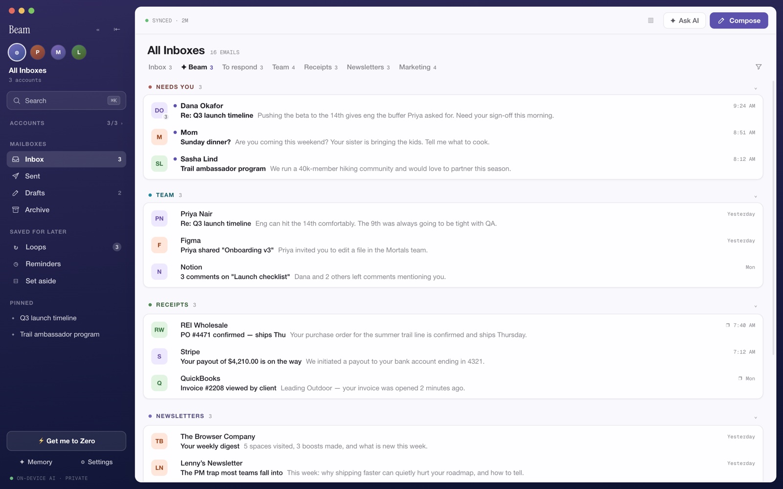 Beam Mail product mockup showing a multi-account inbox organized into needs-you, team, receipts, newsletters, and marketing groups.