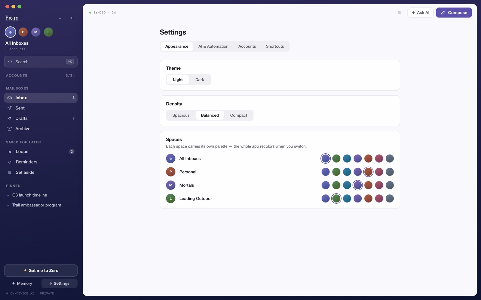 Beam Mail product mockup showing theme, density, and per-account color settings.