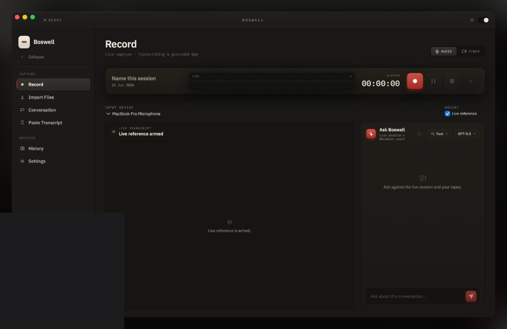 Boswell's Record screen showing live capture controls, elapsed timer, input device selector, live transcript panel, and the Ask Boswell assist sidebar.