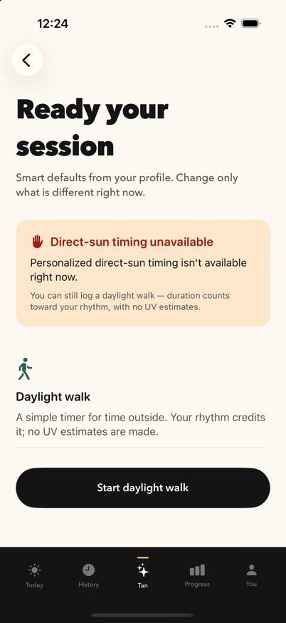 Daylight session prep screen with profile defaults and outdoor conditions.