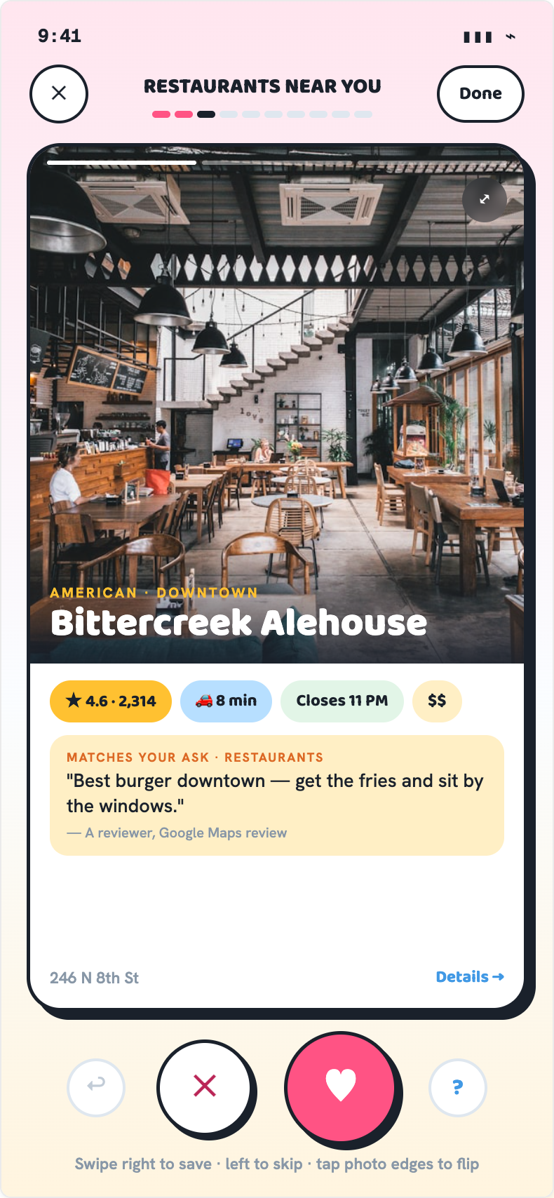 Roost's final deck-card design showing Bittercreek Alehouse with a large photo, rating, drive time, closing time, price, a source-backed match, and voting controls.